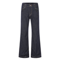 Dark indigo wide-leg flare jeans with embossed floral pocket detail and gold topstitching, front and back view
