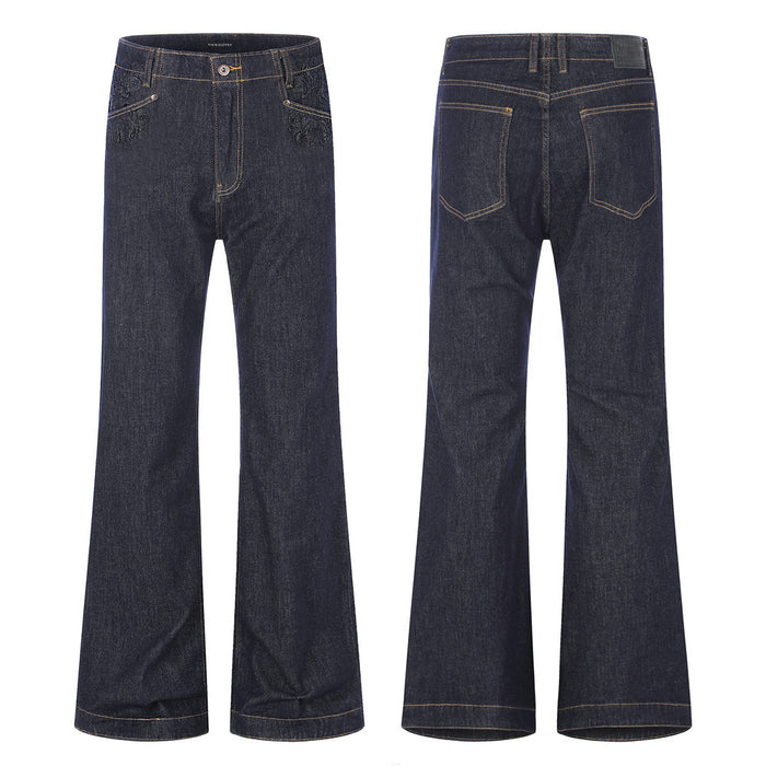 Wide-leg dark indigo jeans shown front and back with embossed pocket detail