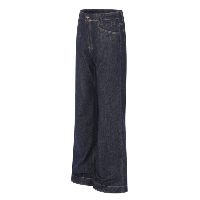 Front side view of dark indigo wide-leg jeans with embossed pocket detail