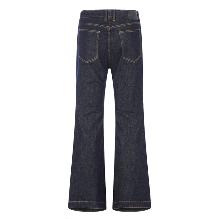 Back view of dark indigo wide-leg jeans with embossed back pockets