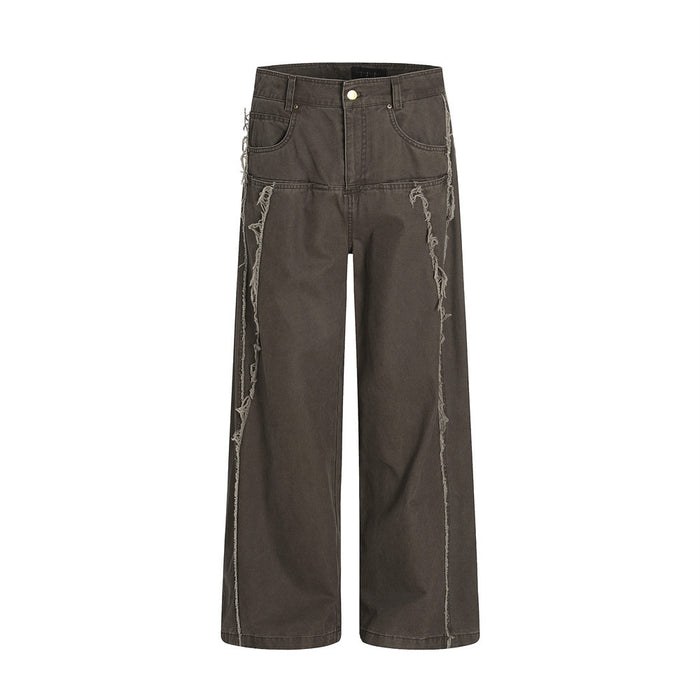 Front view of dark gray wide-leg pants with frayed seam details and five-pocket styling