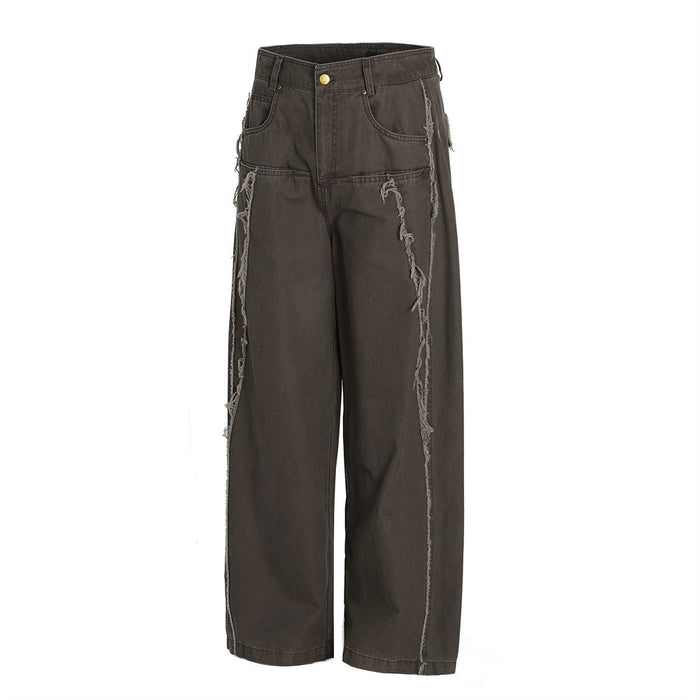 Angled front view of dark gray wide-leg pants with frayed side seams and loose fit