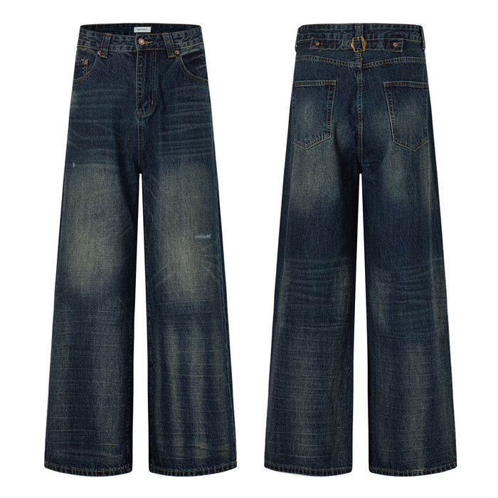 Front and back view of wide-leg dark blue jeans with faded wash and distressed detailing