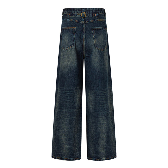Back view of wide-leg dark blue jeans with belt loops, patch pockets, and faded wash