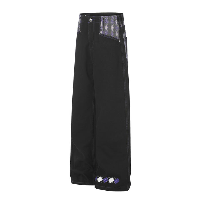 Black wide-leg jeans with purple argyle patchwork waistband and hem detail, front view