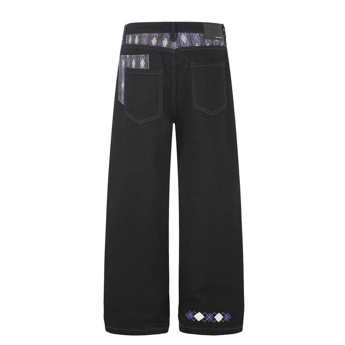 Black wide-leg jeans with argyle patchwork waistband and back pockets, rear view
