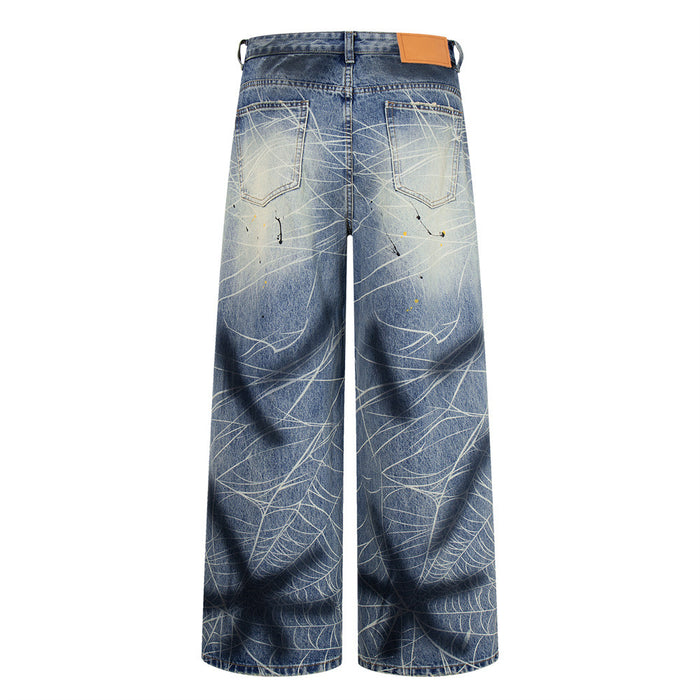Back view of blue wide-leg jeans with two back pockets and orange patch detail