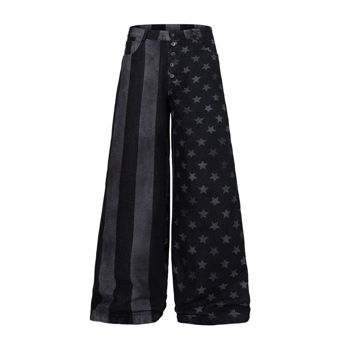 Wide-leg black distressed denim jeans with star print and vertical stripe panels, front and back view