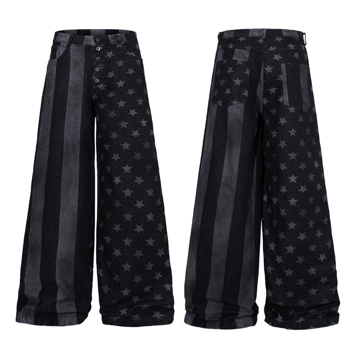 Wide-leg black denim jeans with stars and stripes print, front and back view