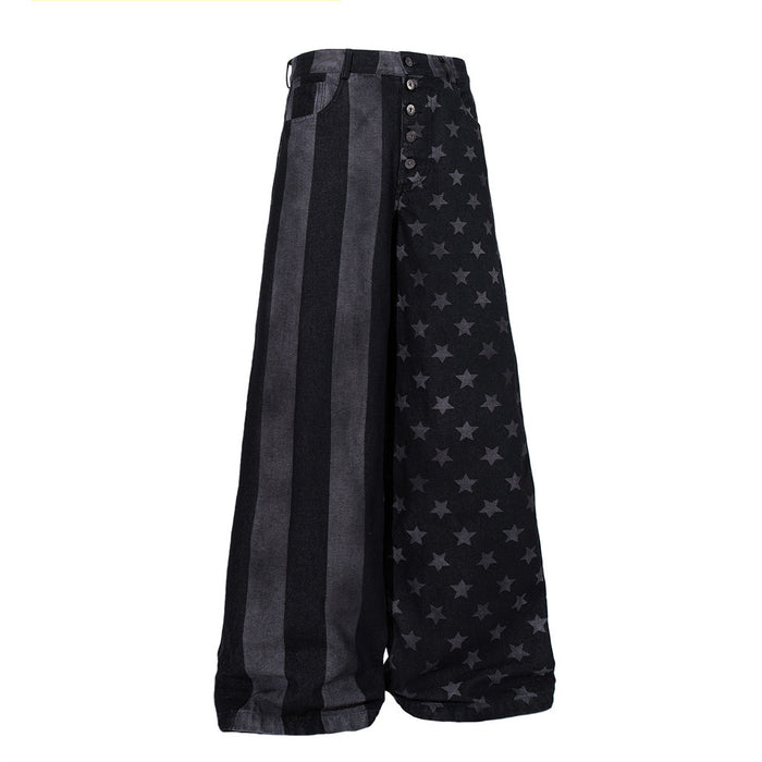 Wide-leg black denim jeans with stars and stripes print, side front view