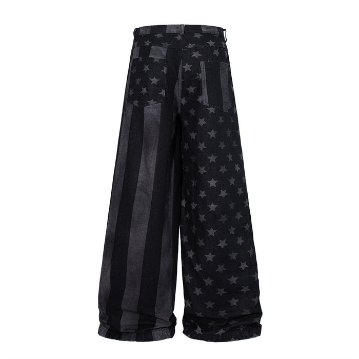 Wide-leg black denim jeans with stars and stripes print, back view