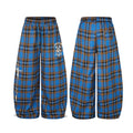 Blue and brown tartan wide-leg plaid pants with embroidered crest graphic and drawstring cinched hem, front and back view