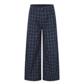 Men's navy windowpane plaid wide-leg trousers with exposed button-fly and high-rise waist, front and back view