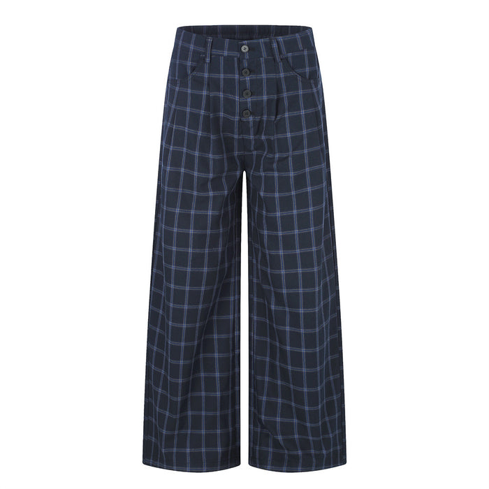 Men's navy windowpane plaid wide-leg trousers with exposed button-fly and high-rise waist, front and back view