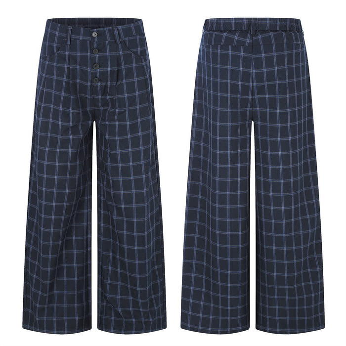 Wide-leg navy plaid trousers shown front and back, with button-fly closure
