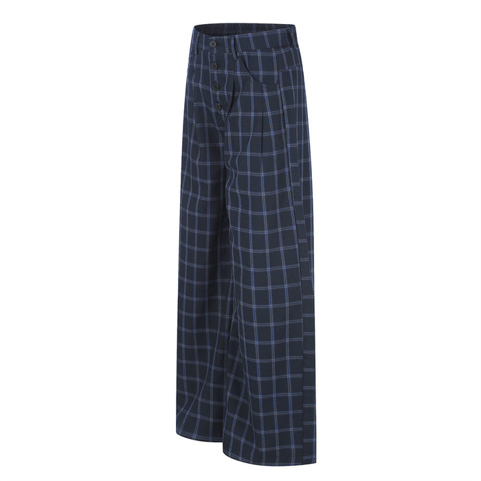 Side view of navy plaid wide-leg trousers with a high waistband and button fly