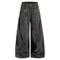 Acid wash wide-leg pleated drape trousers with zip pockets in washed black and washed grey