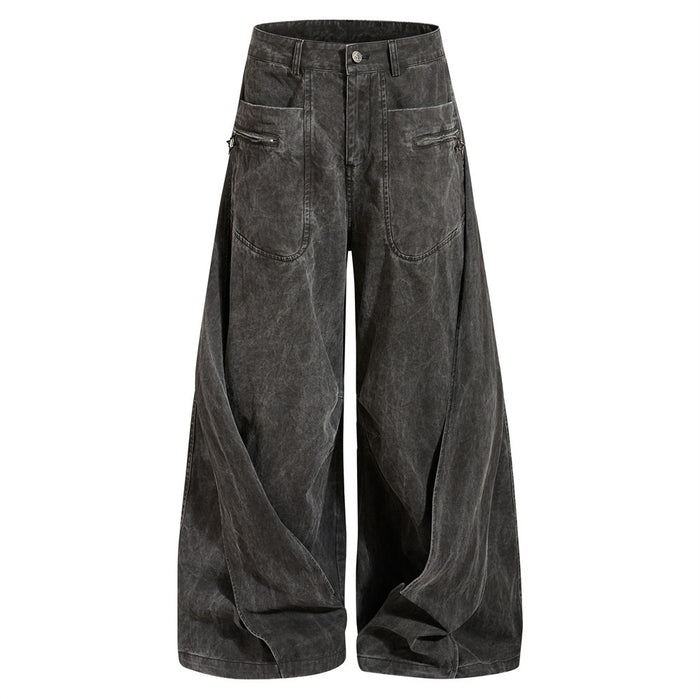 Acid wash wide-leg pleated drape trousers with zip pockets in washed black and washed grey