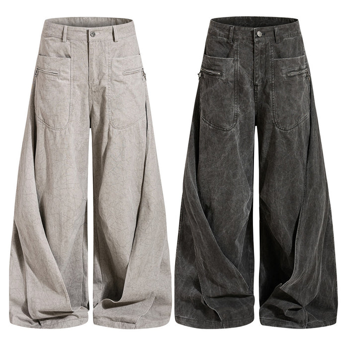 Wide-leg acid wash pleated pants in light gray and black front view