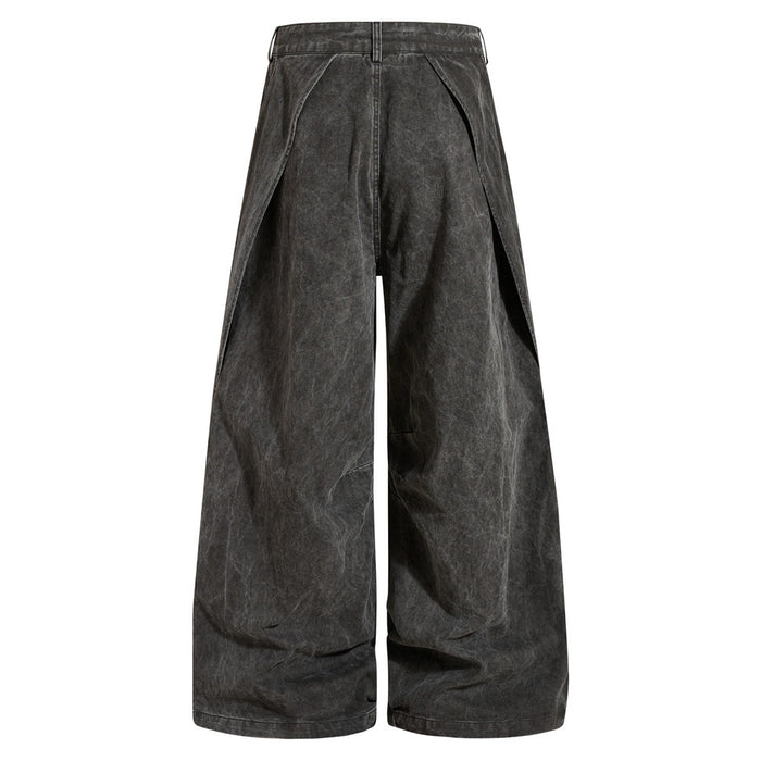 Black wide-leg acid wash pants back view with pleated panels