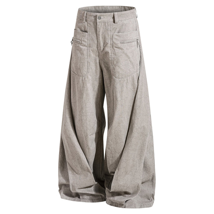 Light gray wide-leg acid wash pants angled front view with loose pleats