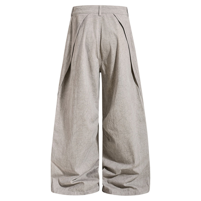 Light gray wide-leg acid wash pants back view with wide draped legs