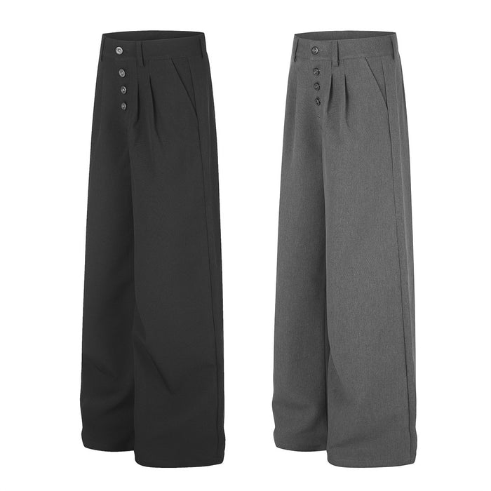 Wide-leg pleated dress pants shown in black and gray front views with metal button fly