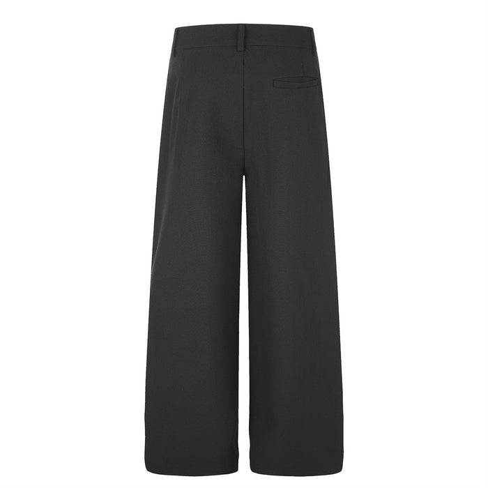 Black wide-leg dress pants back view with straight legs and rear welt pocket