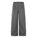Gray wide-leg pleated dress pants front view with metal button fly