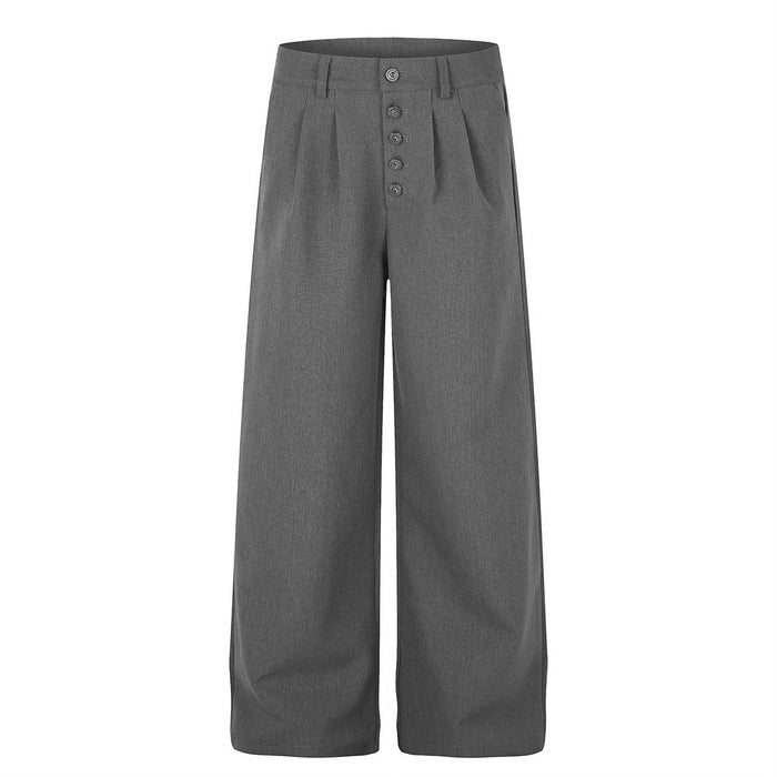 Gray wide-leg pleated dress pants front view with metal button fly