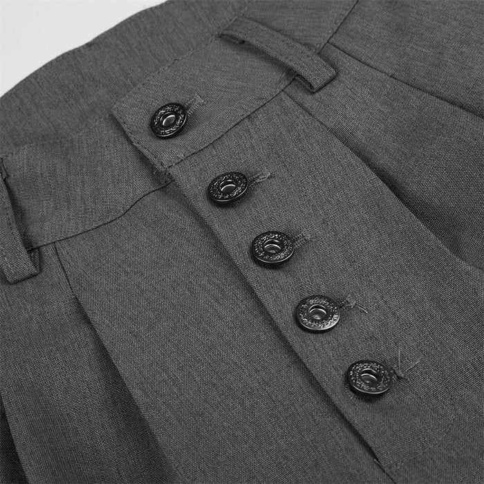Close-up of gray button fly and waistband with pleats
