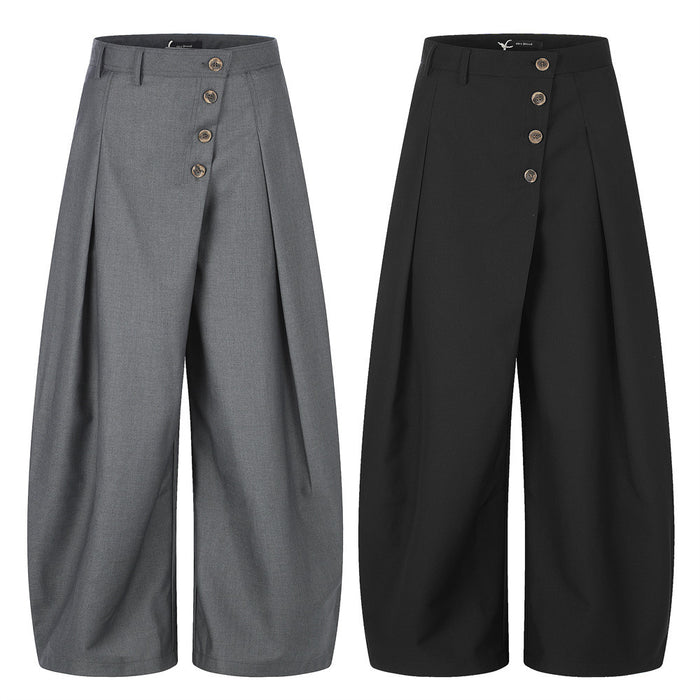 Wide-leg pleated trousers in gray and black, front view showing diagonal button fly