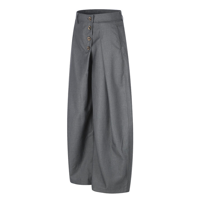 Gray wide-leg pleated trousers, angled front view with diagonal button fly