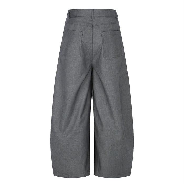 Gray wide-leg trousers, back view with patch pockets and pleated legs