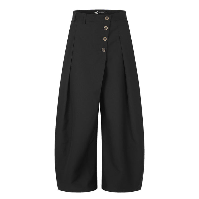 Black wide-leg pleated trousers, front view with diagonal button fly and four buttons