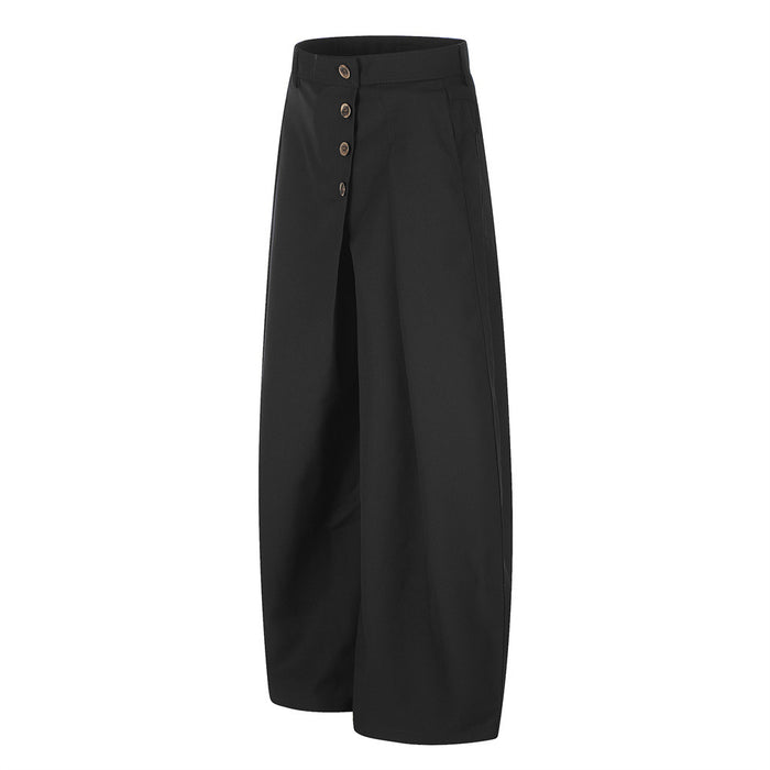 Black wide-leg trousers, angled front view showing the diagonal button fly
