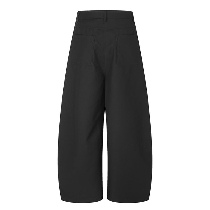 Black wide-leg trousers, back view with patch pockets and straight waistband