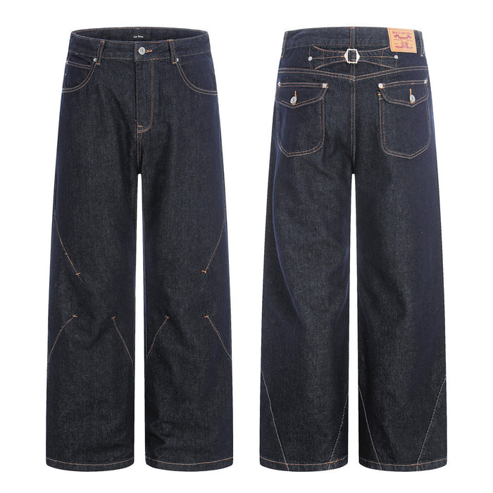 Wide-leg dark raw denim jeans shown front and back with diagonal seam stitching