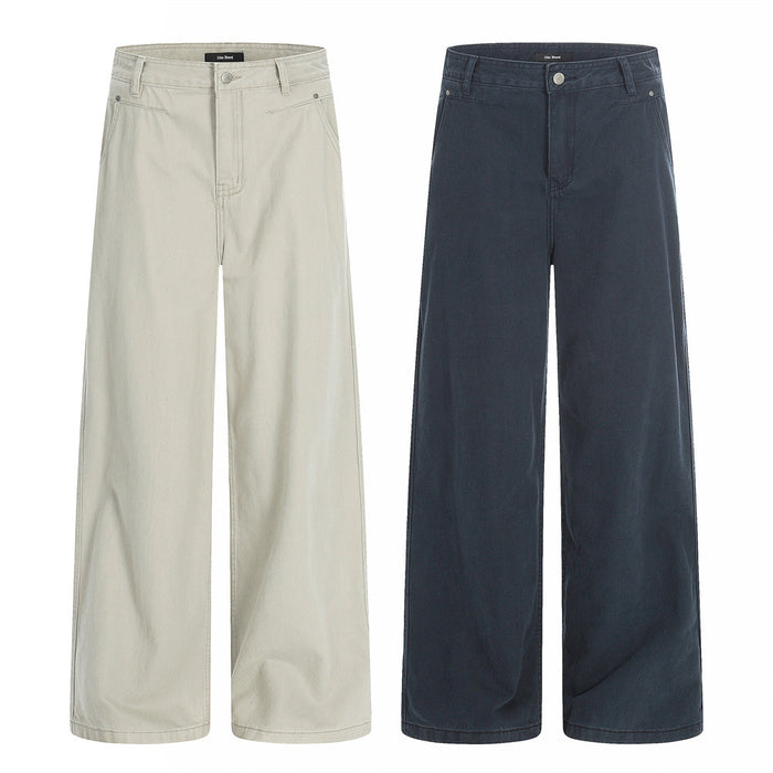 Wide-leg trousers shown in beige and navy front view with button waist and straight hems