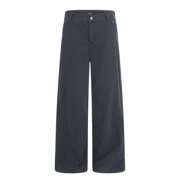 Navy wide-leg trousers shown front view with button closure and relaxed straight cut