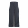 Navy wide-leg trousers shown front view with button closure and relaxed straight cut