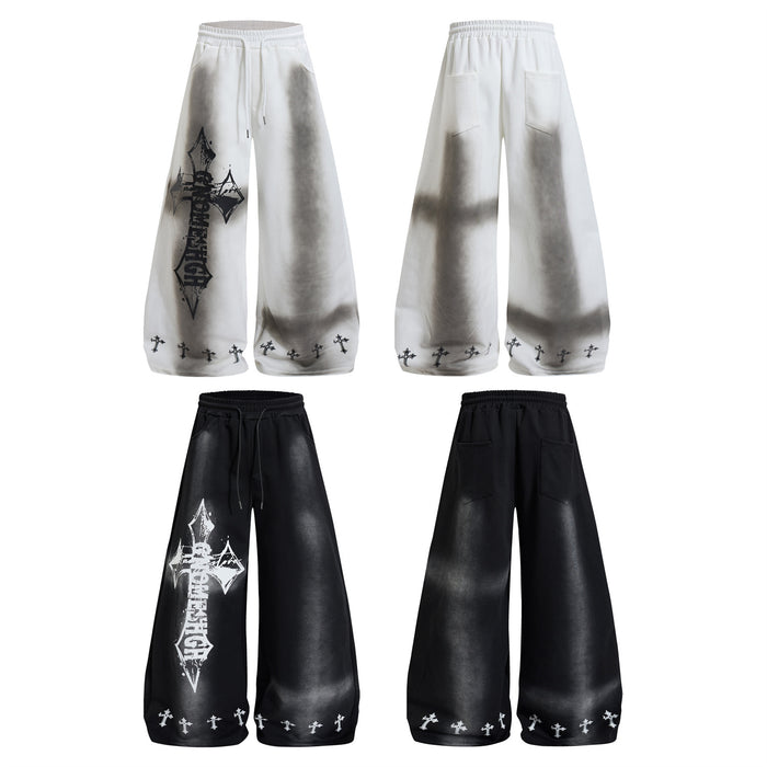 White and black wide-leg sweatpants shown in front and back views with washed shading and cross-print hems