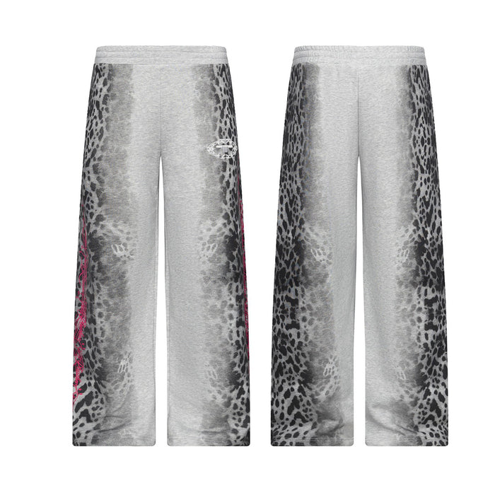 Heather gray wide-leg sweatpants shown front and back with black leopard-print side panels and pink graphic accents
