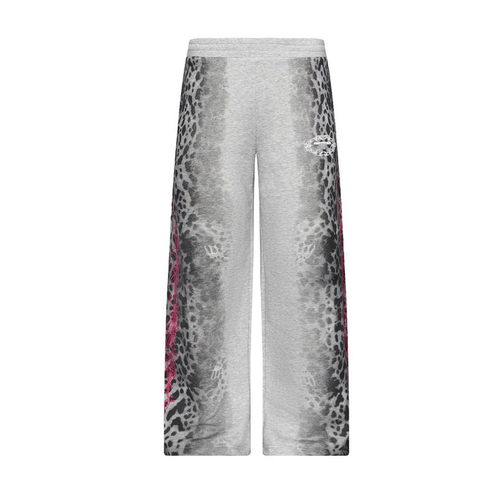 Wide-leg heather gray sweatpants with gradient leopard print and star badge embroidery on the front thigh