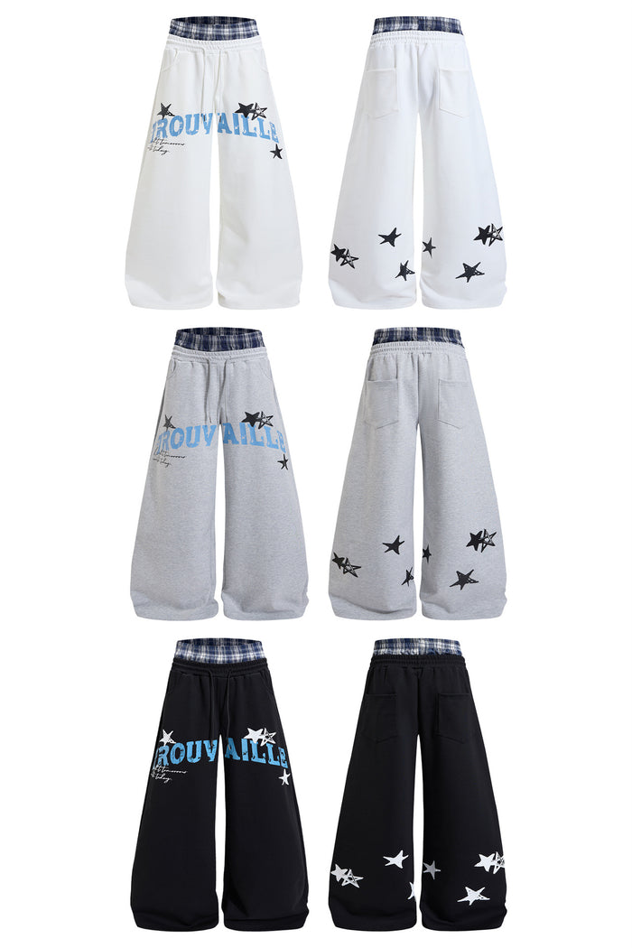 White, gray, and black wide-leg sweatpants arranged to show their graphic fronts and star-print backs