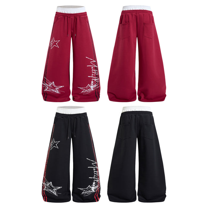 Four-view product layout showing burgundy and black wide-leg sweatpants fronts and backs
