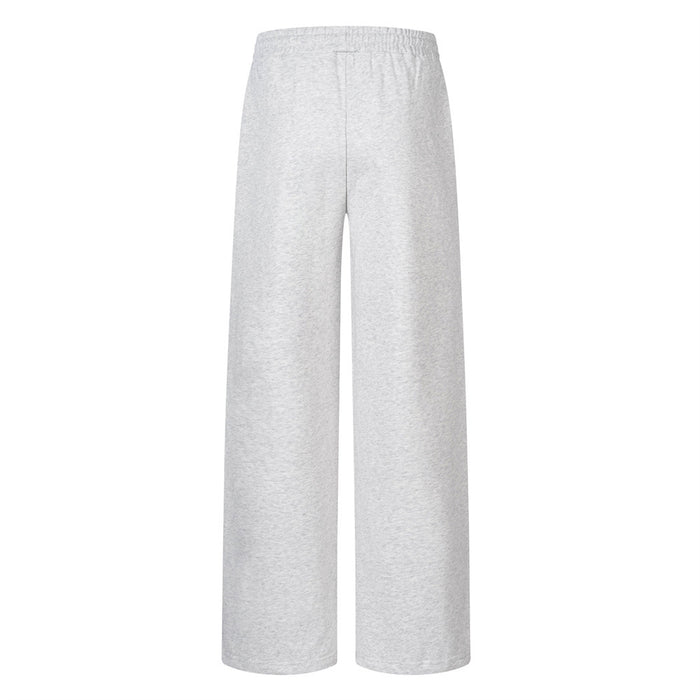 Light gray wide-leg sweatpants shown from the plain back with a smooth elastic waistband