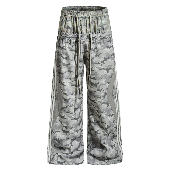 Wide-leg gray camouflage mesh track pants with elastic waist and drawstrings, front view