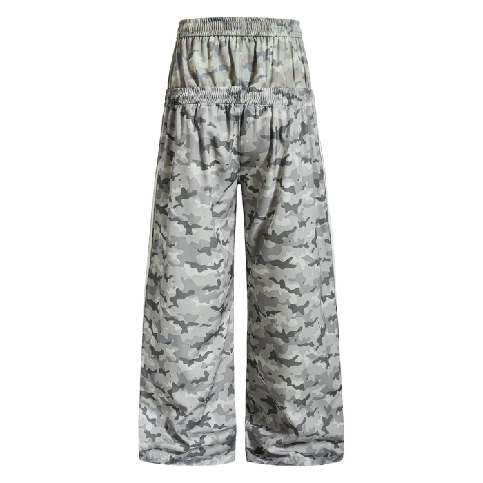 Wide-leg gray camouflage mesh track pants, back view