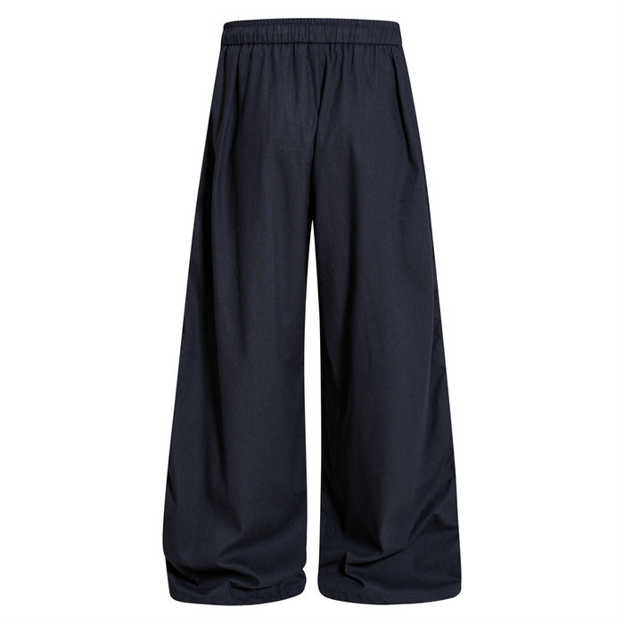 Navy wide-leg track pants back view with plain wide legs and an elastic waistband